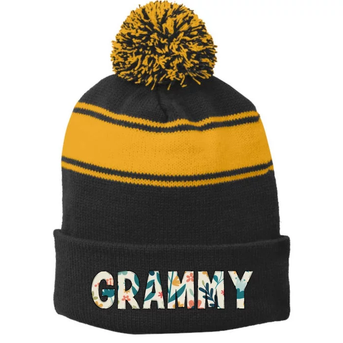 Grammy Floral Stripe Pom Pom Beanie