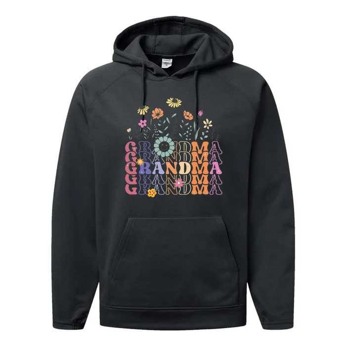 Grandma Flowers Groovy Retro Hippie Wildflower Performance Fleece Hoodie