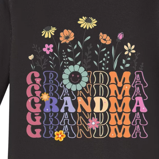 Grandma Flowers Groovy Retro Hippie Wildflower Baby Long Sleeve Bodysuit