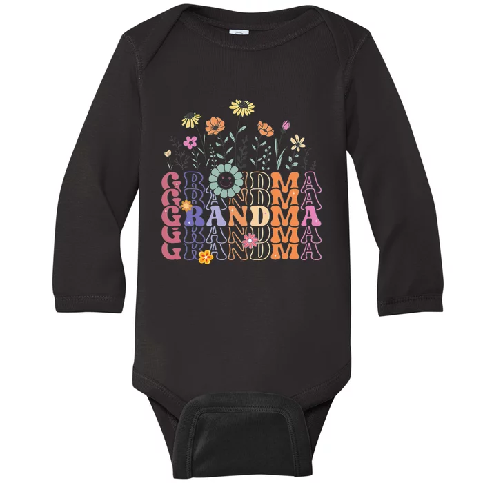 Grandma Flowers Groovy Retro Hippie Wildflower Baby Long Sleeve Bodysuit