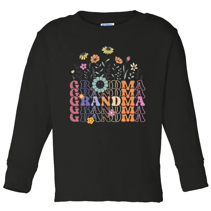 Grandma Flowers Groovy Retro Hippie Wildflower Toddler Long Sleeve Shirt