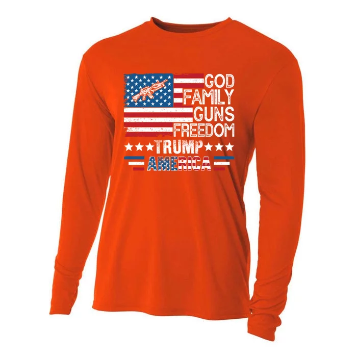 God Family Guns And Freedom Pro Trump 2024 Maga American Flag Gift Cooling Performance Long Sleeve Crew