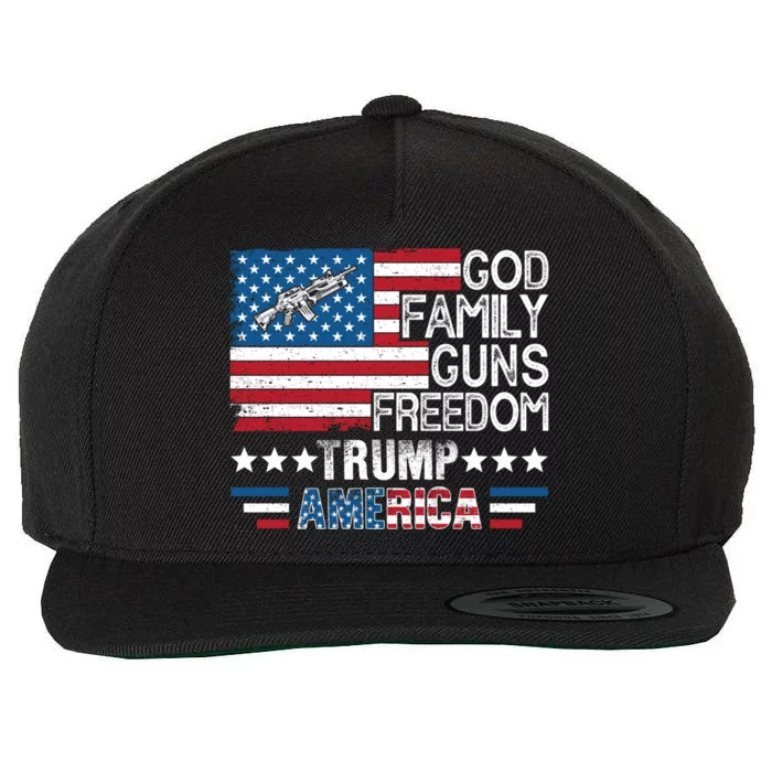 God Family Guns And Freedom Pro Trump 2024 Maga American Flag Gift Wool Snapback Cap