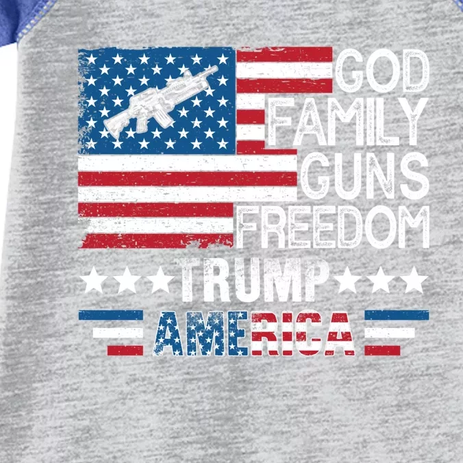 God Family Guns And Freedom Pro Trump 2024 Maga American Flag Gift Infant Baby Jersey Bodysuit