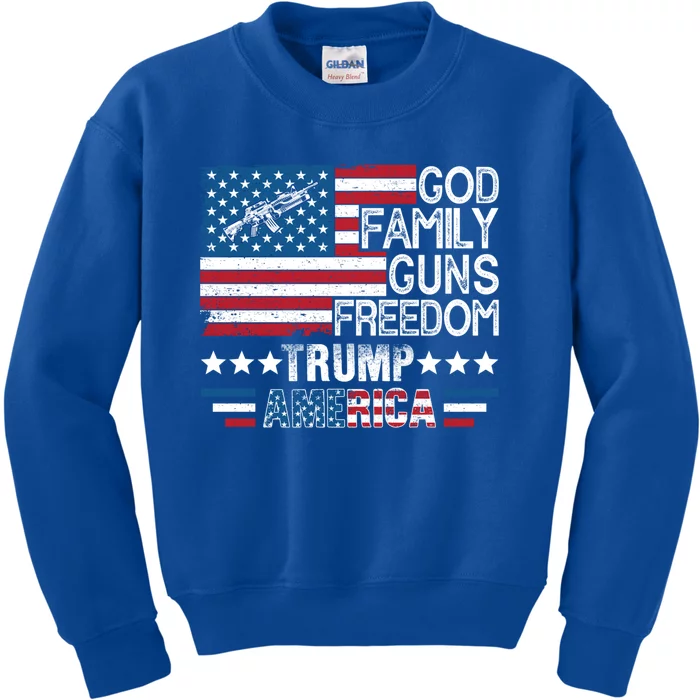 God Family Guns And Freedom Pro Trump 2024 Maga American Flag Gift Kids Sweatshirt