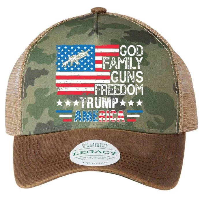 God Family Guns Freedom Pro Trump 2024 Maga American Flag Legacy Tie Dye Trucker Hat