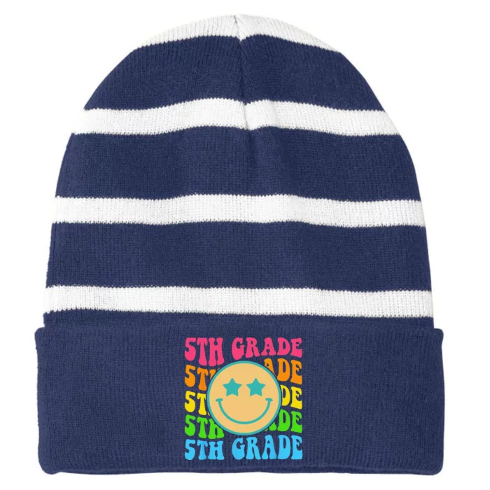 Groovy Fifth Grade Vibes Face Retro Teachers Back To School Striped Beanie with Solid Band