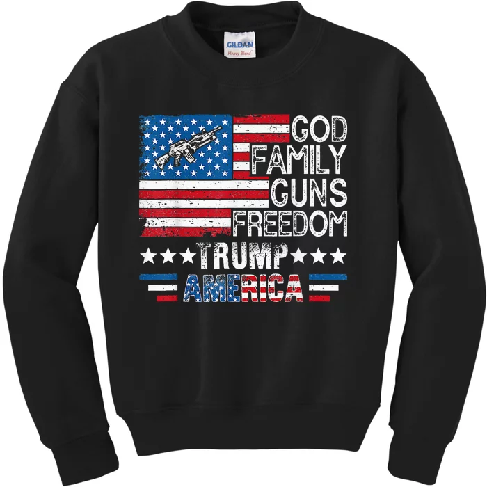 God Family Guns & Freedom Pro Trump 2024 Maga American Flag Kids Sweatshirt