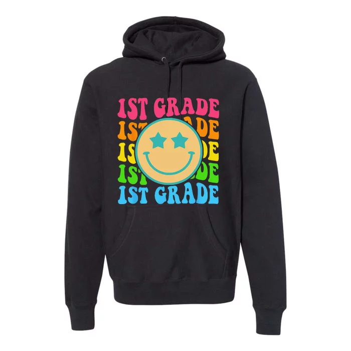 Groovy First Grade Vibes Face Retro Teachers Back To School Premium Hoodie