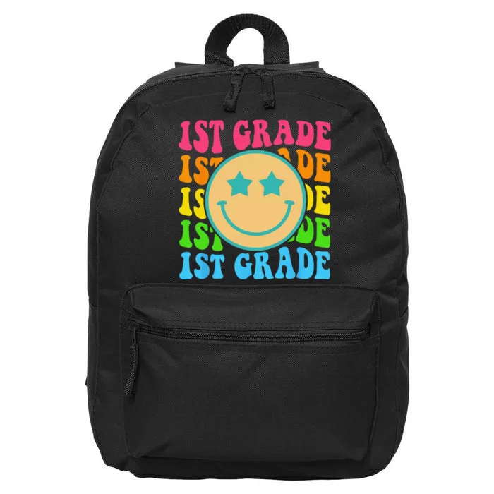 Groovy First Grade Vibes Face Retro Teachers Back To School 16 in Basic Backpack