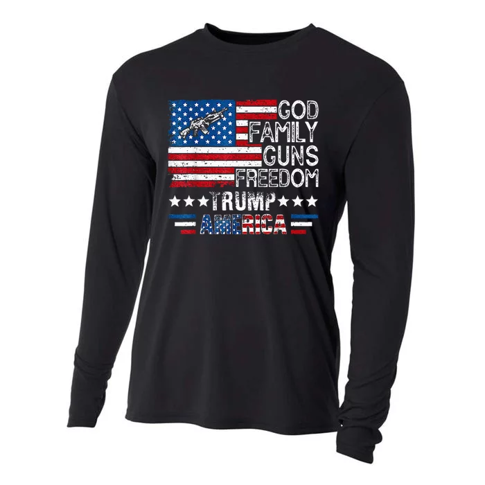 God Family Guns & Freedom Pro Trump 2024 Maga American Flag Cooling Performance Long Sleeve Crew