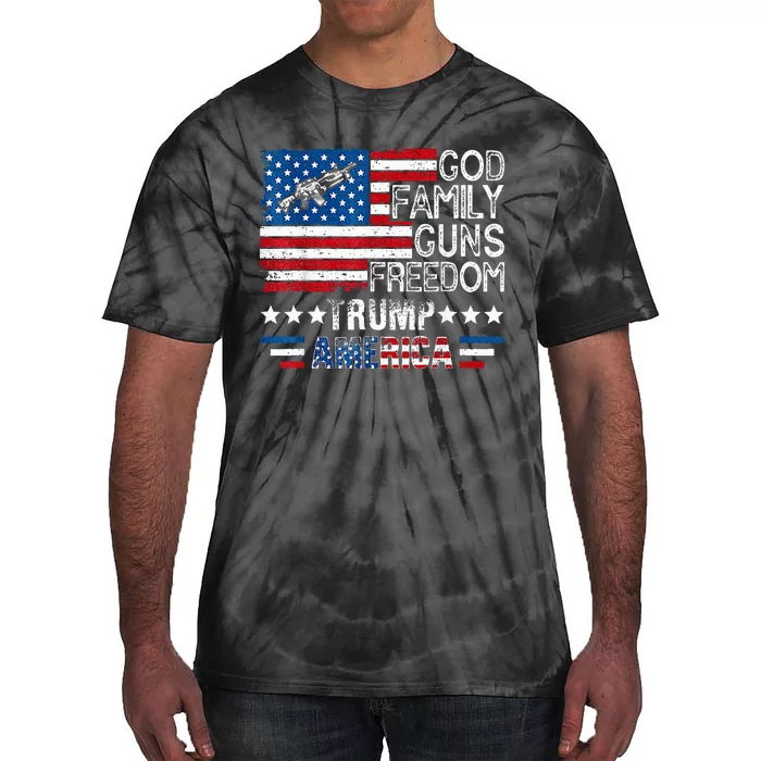 God Family Guns & Freedom Pro Trump 2024 Maga American Flag Tie-Dye T-Shirt