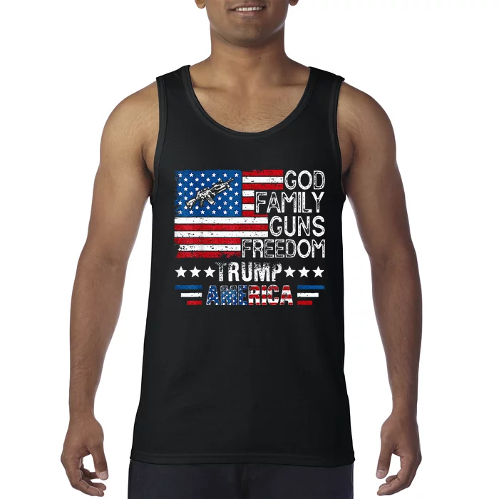 God Family Guns & Freedom Pro Trump 2024 Maga American Flag Tank Top