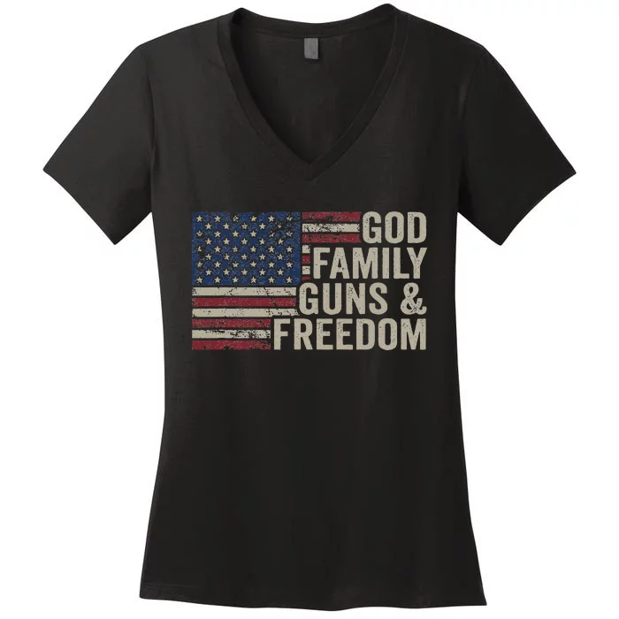 God Family Guns & Freedom Pro Gun Vintage Usa Flag Women's V-Neck T-Shirt