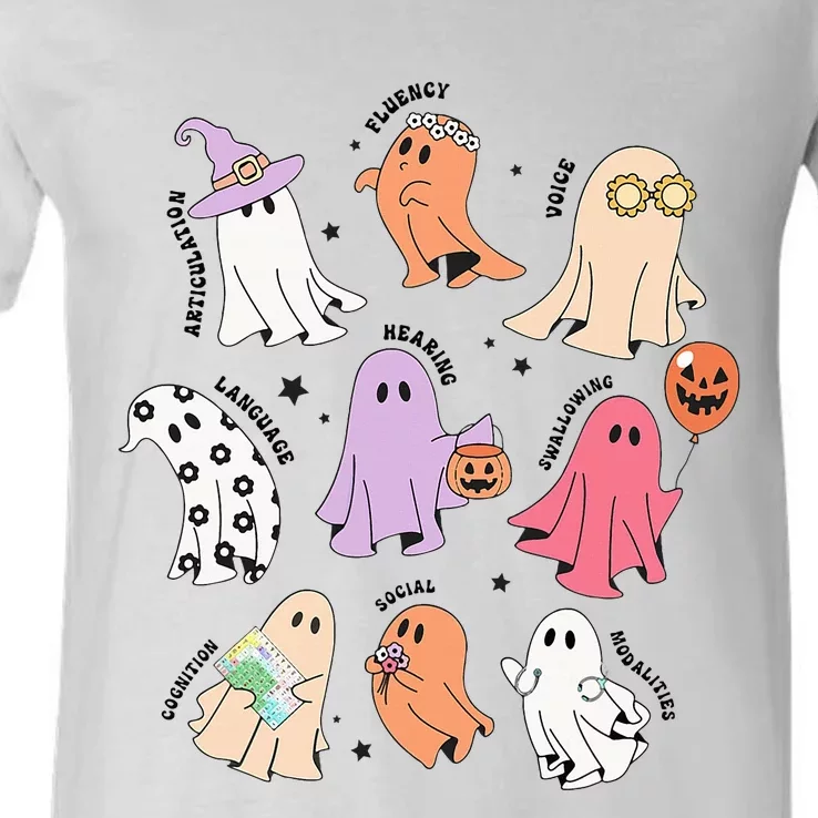 Ghost Friends Halloween AAC SLP Squad Speech Language V-Neck T-Shirt