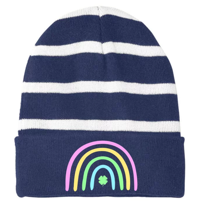 Green Four Leaf Clover Rainbow St Patrick's Day Striped Beanie with Solid Band