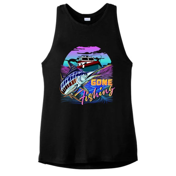 Gone Fishing Marlin Boat Ladies Tri-Blend Wicking Tank