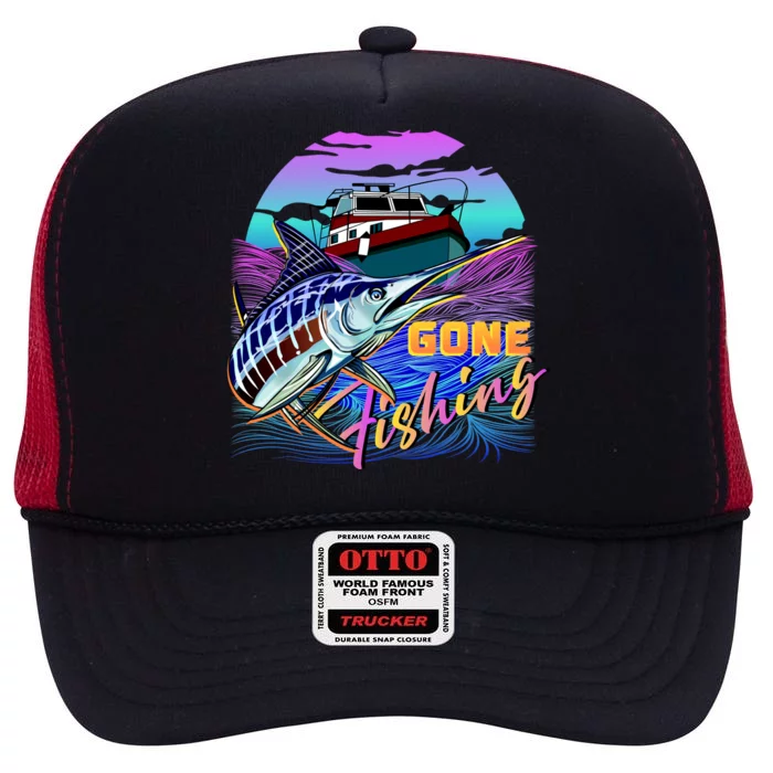 Gone Fishing Marlin Boat High Crown Mesh Trucker Hat