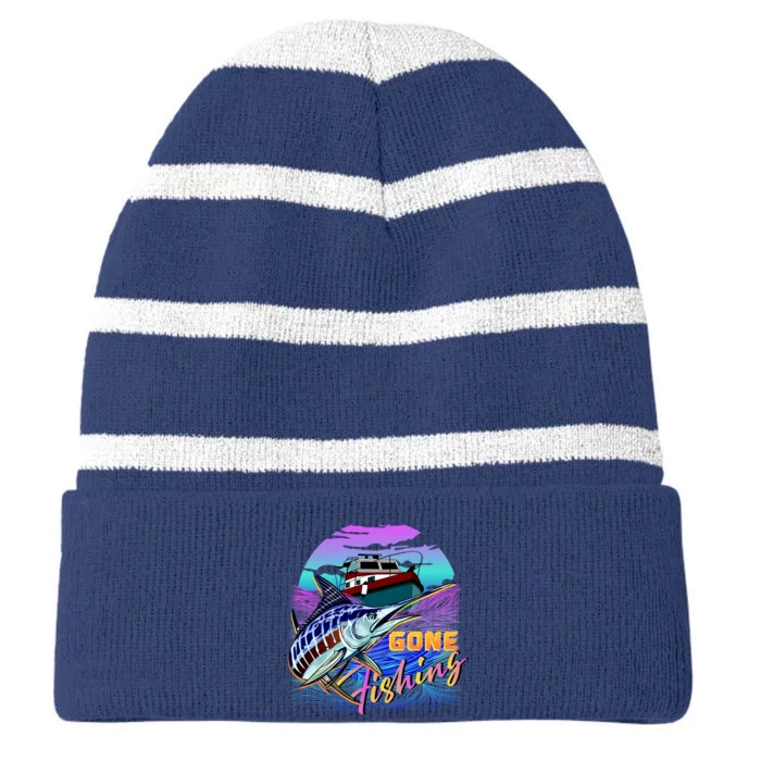 Gone Fishing Marlin Boat Striped Beanie with Solid Band