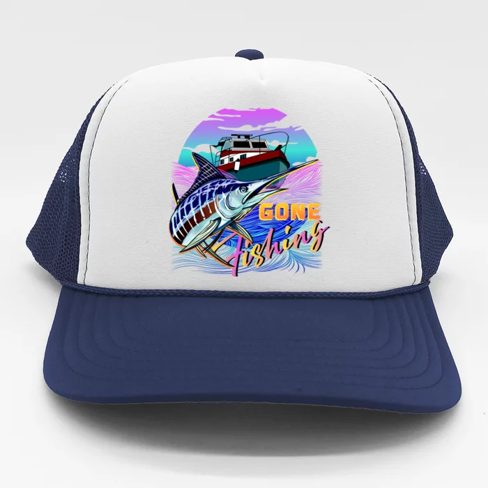 Gone Fishing Marlin Boat Trucker Hat