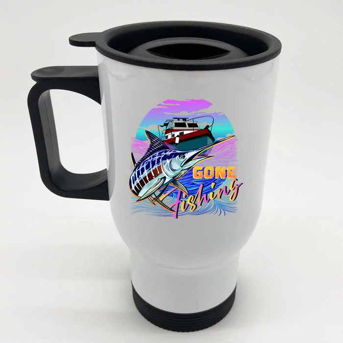 Gone Fishing Marlin Boat Front & Back Stainless Steel Travel Mug