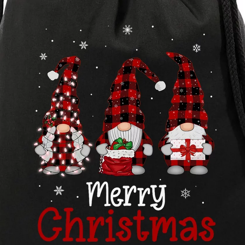 Gnome Family Merry Christmas Red Plaid Xmas Drawstring Bag