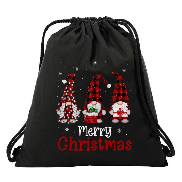 Gnome Family Merry Christmas Red Plaid Xmas Drawstring Bag