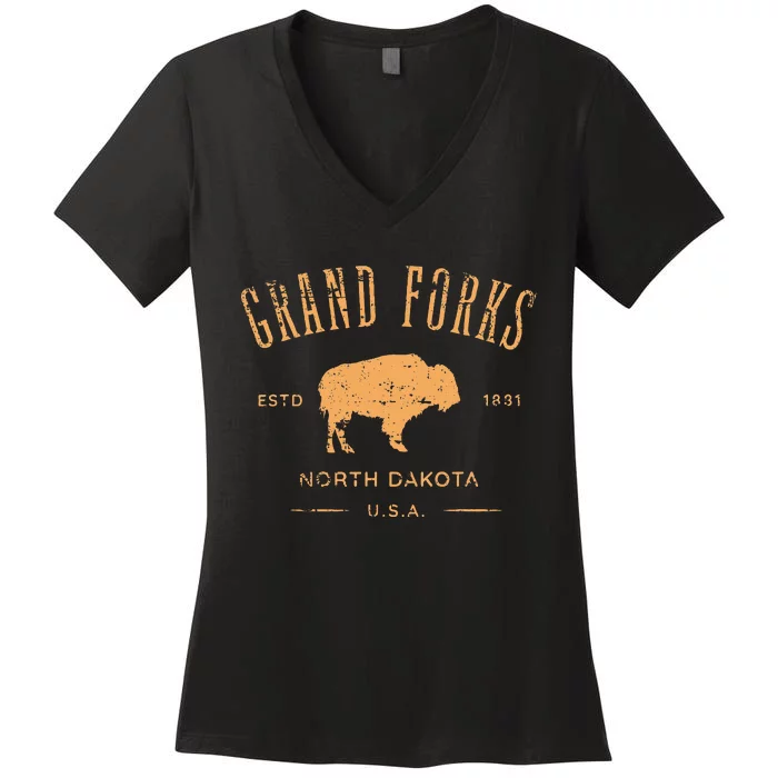 Grand Forks North Dakota Souvenir Distressed Style Design Women's V-Neck T-Shirt