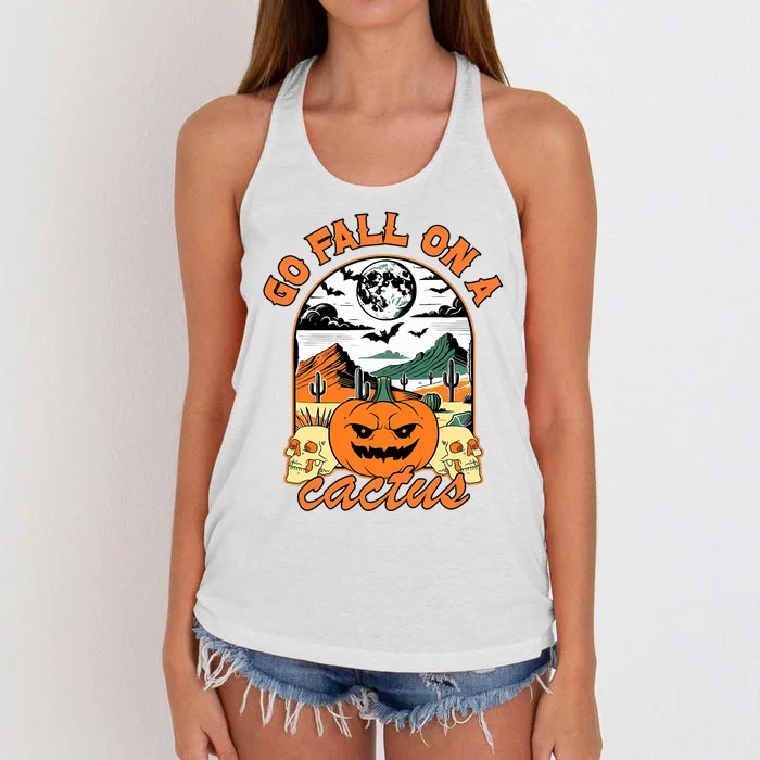 Go Fall On A Cactus Pumpkin Western Spooky Halloween Women's Knotted Racerback Tank