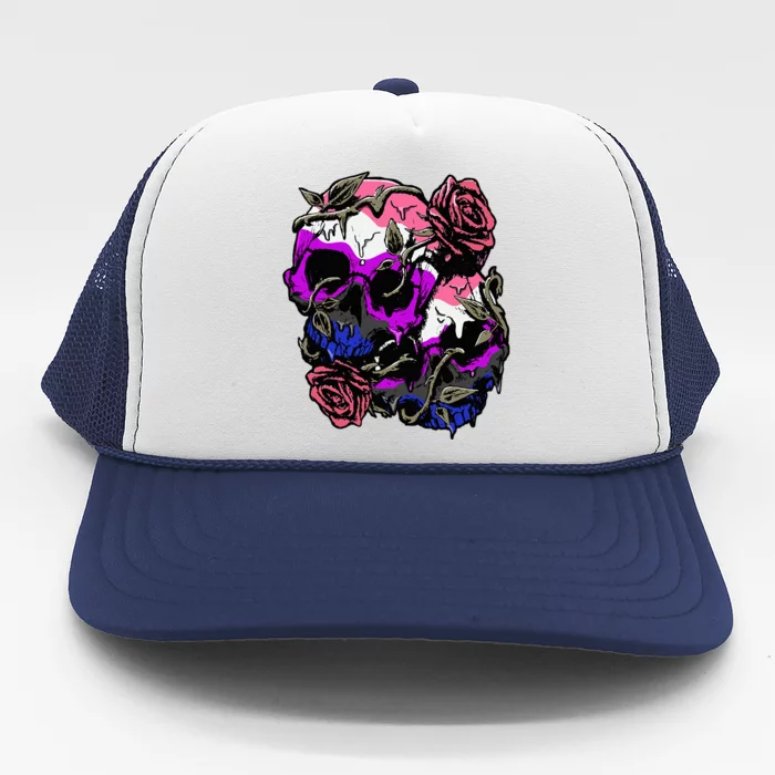 Gender Fluid Pride Flag Skull Roses Subtle Lgbtq Trucker Hat