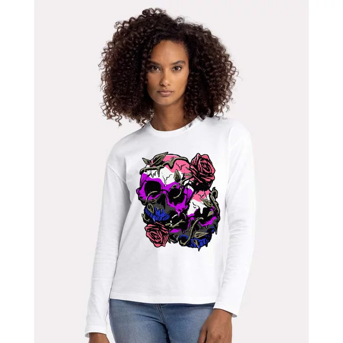 Gender Fluid Pride Flag Skull Roses Subtle Lgbtq Womens Cotton Relaxed Long Sleeve T-Shirt