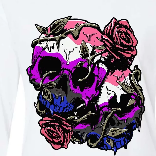 Gender Fluid Pride Flag Skull Roses Subtle Lgbtq Womens Cotton Relaxed Long Sleeve T-Shirt