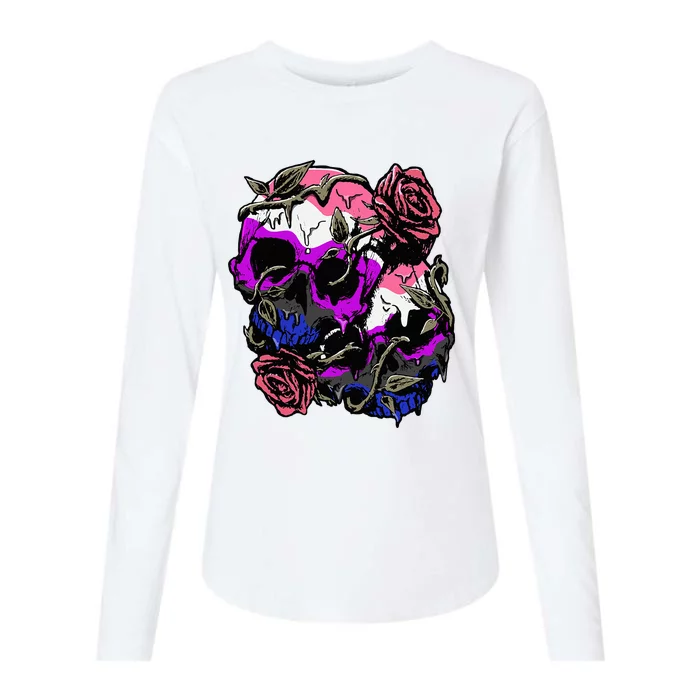 Gender Fluid Pride Flag Skull Roses Subtle Lgbtq Womens Cotton Relaxed Long Sleeve T-Shirt