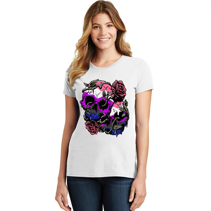 Gender Fluid Pride Flag Skull Roses Subtle Lgbtq Women's T-Shirt