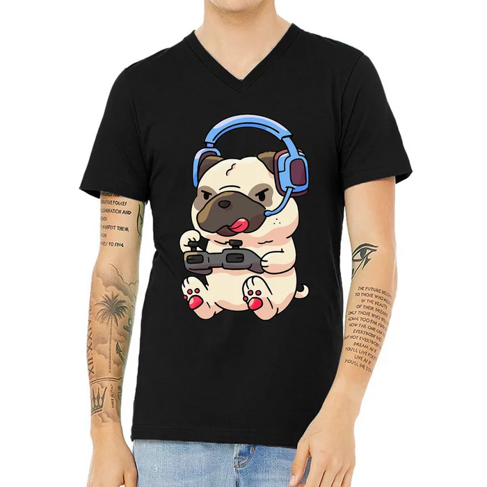 Gamer Funny Pug Lover Video Games Dog Pug Gaming V-Neck T-Shirt