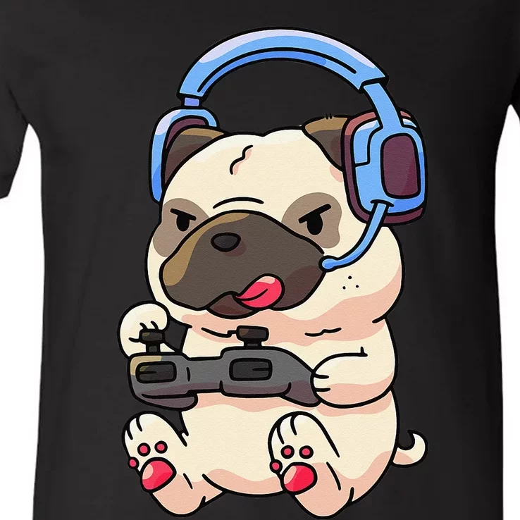 Gamer Funny Pug Lover Video Games Dog Pug Gaming V-Neck T-Shirt