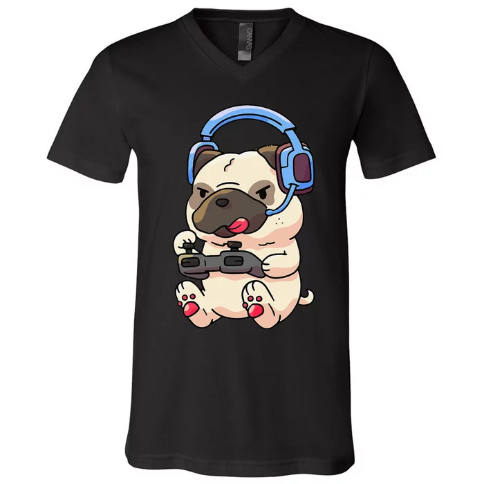 Gamer Funny Pug Lover Video Games Dog Pug Gaming V-Neck T-Shirt