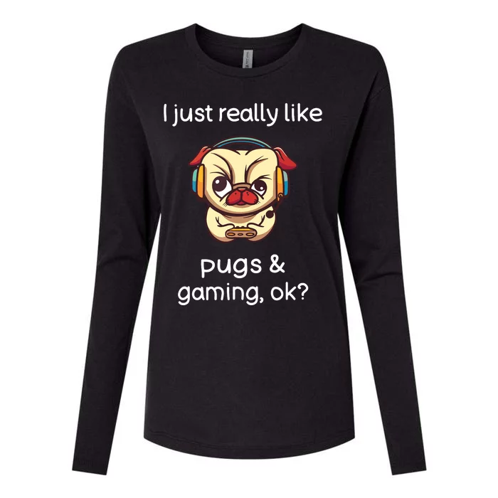 Gamer Funny Pug Lover Video Games Dog Pug Gaming Womens Cotton Relaxed Long Sleeve T-Shirt