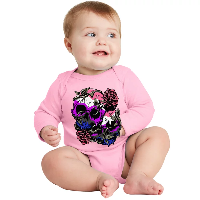 Gender Fluid Pride Flag Skull Roses Subtle Lgbt Baby Long Sleeve Bodysuit