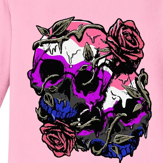 Gender Fluid Pride Flag Skull Roses Subtle Lgbt Baby Long Sleeve Bodysuit