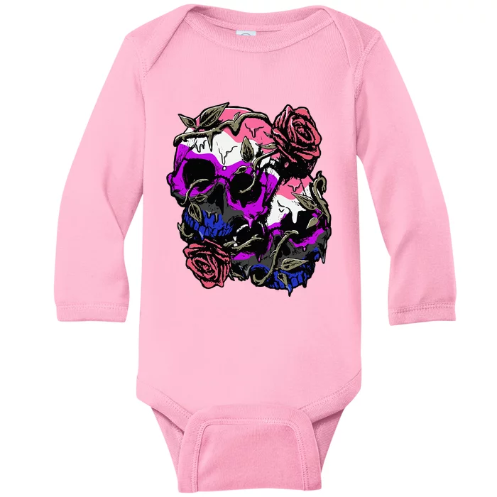 Gender Fluid Pride Flag Skull Roses Subtle Lgbt Baby Long Sleeve Bodysuit