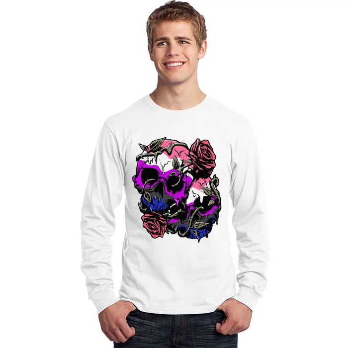 Gender Fluid Pride Flag Skull Roses Subtle Lgbt Long Sleeve Shirt