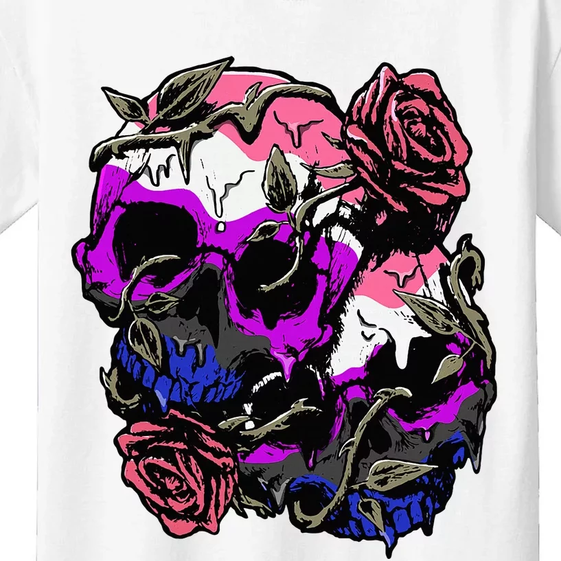 Gender Fluid Pride Flag Skull Roses Subtle Lgbt Kids T-Shirt