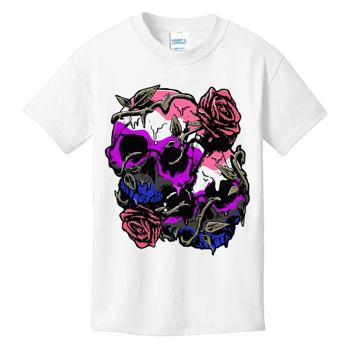 Gender Fluid Pride Flag Skull Roses Subtle Lgbt Kids T-Shirt