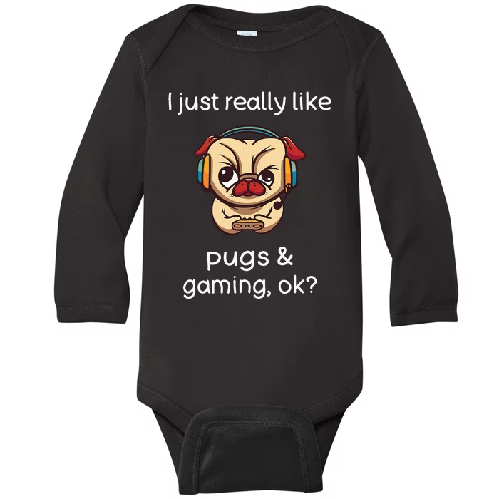 Gamer Funny Pug Lover Video Games Dog Pug Gaming Baby Long Sleeve Bodysuit