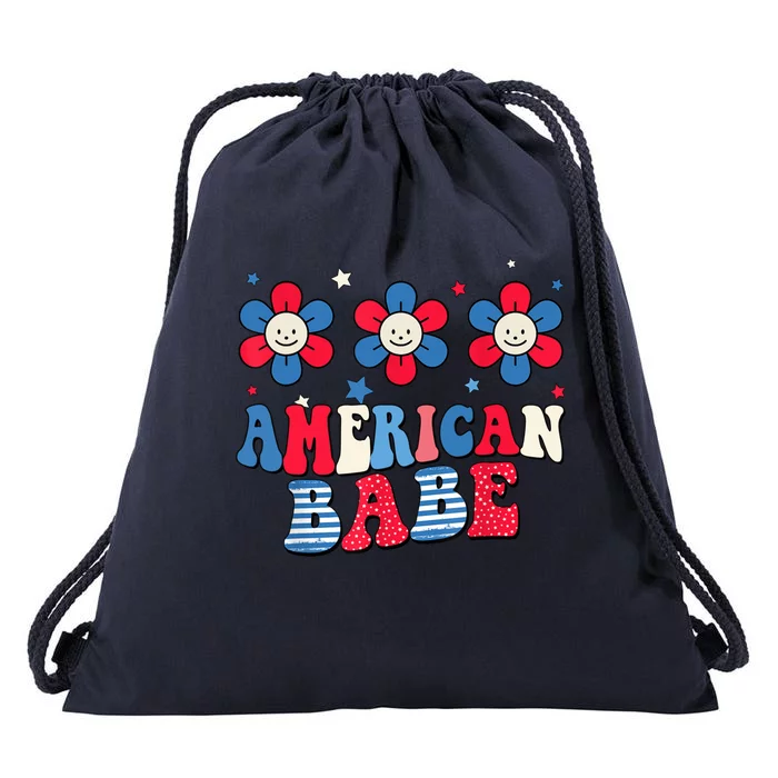 Groovy Flower Retro Usa Flag American Babe 4th Of July Gift Drawstring Bag