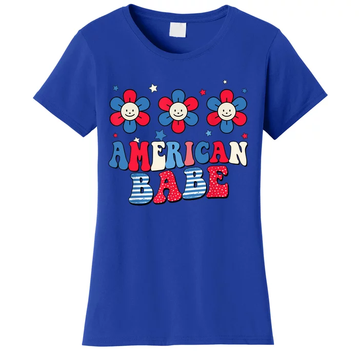 Groovy Flower Retro Usa Flag American Babe 4th Of July Gift Women's T-Shirt