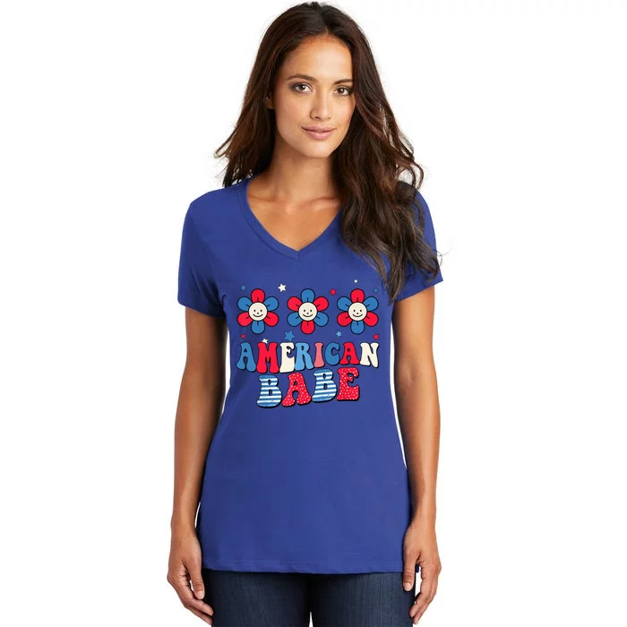 Groovy Flower Retro Usa Flag American Babe 4th Of July Gift Women's V-Neck T-Shirt