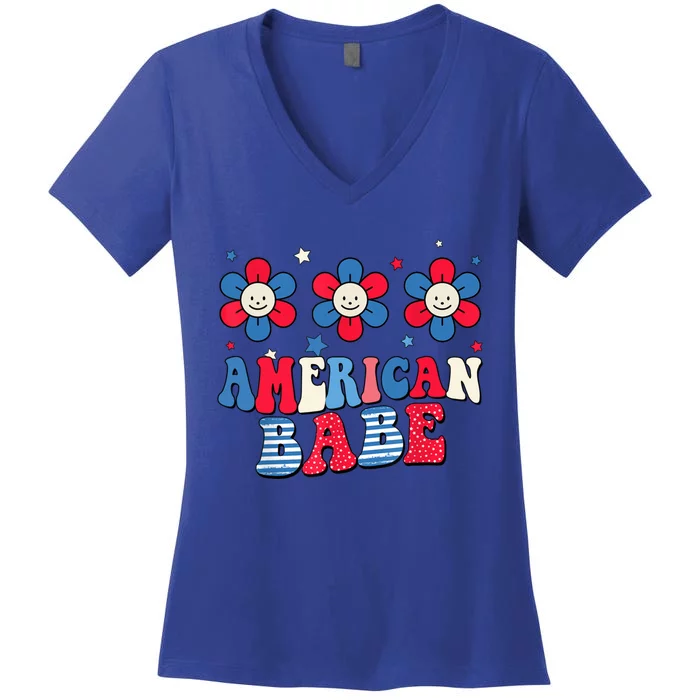 Groovy Flower Retro Usa Flag American Babe 4th Of July Gift Women's V-Neck T-Shirt