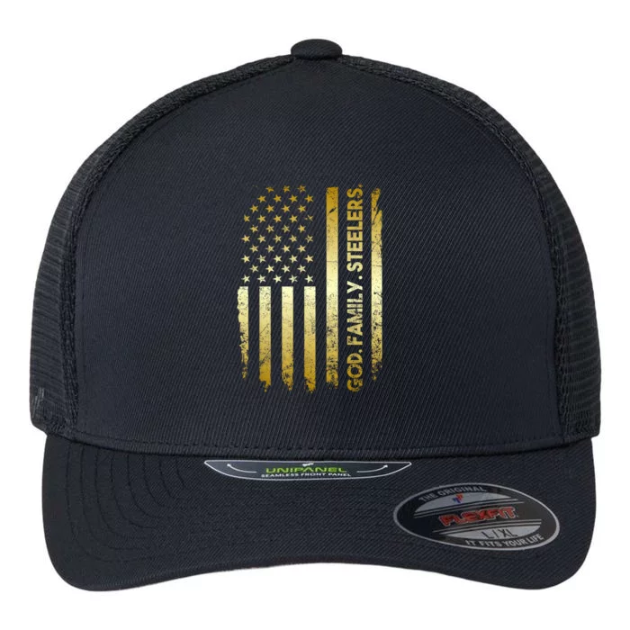 God Family Steelers Pro Us Flag FatherS Day Dad Gift Flexfit Unipanel Trucker Cap